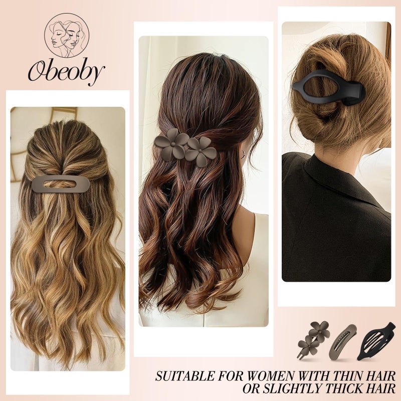 Obeoby 6 Pcs Flat Hair Clips for Women, 3 Types French Flat Claw Clips Hair Accessories Large Medium Barrettes Flowers Duckbill Stocking Stuffers Christmas Gifts (Coffee, Black) - Image 3